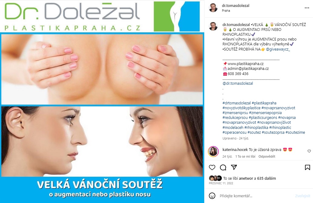 Příspěvek o vyhlášení velké soutěže o operaci zdarma, Instagramový profil MUDr. Tomáše Doležala